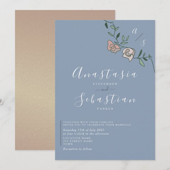Dusty Blue Rose Gold Pink Floral Wedding Invitation (Front/Back)