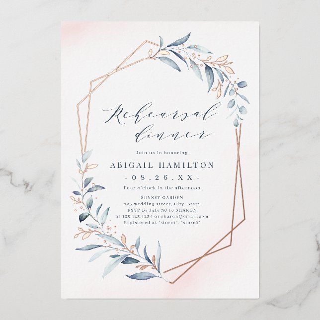 Dusty Blue Rose Gold Rustic Rehearsal Dinner Foil Invitation (Front)