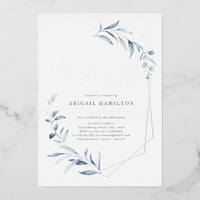 Dusty Blue Rose Gold Rustic Rehearsal Dinner Foil  Invitation (Front)