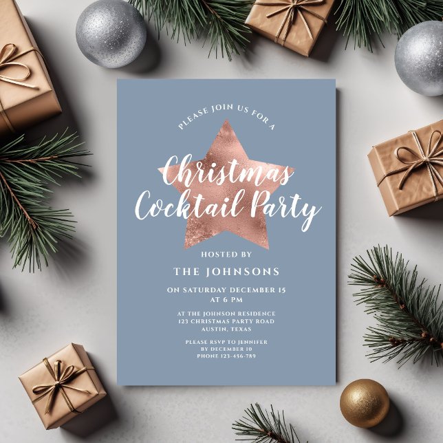 Dusty Blue Rose Gold Star Christmas Cocktail Party Invitation (Dusty Blue Rose Gold Star Christmas Cocktail Party Invitation)