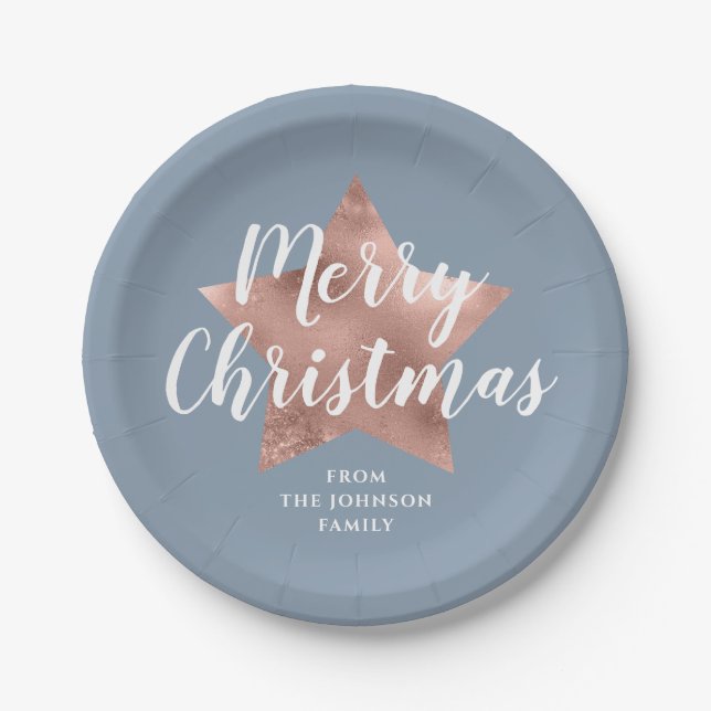 Dusty Blue Rose Gold Star Merry Christmas  Paper Plates (Front)