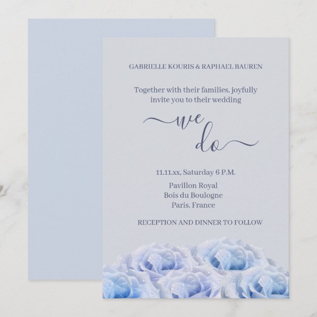 Dusty Blue Rose Gray Floral Elegant We Do Wedding Invitation (Front/Back)
