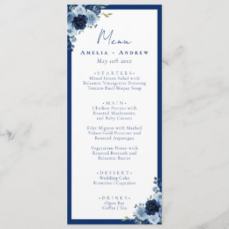 Dusty Blue Rose Navy Floral Elegant Wedding Dinner Menu