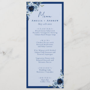 Dusty Blue Rose Navy Floral Elegant Wedding Dinner Menu