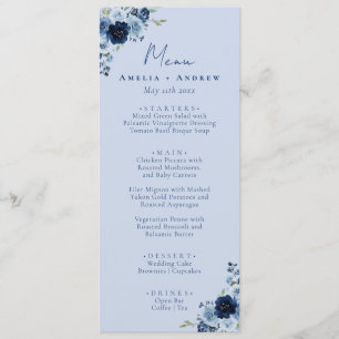 Dusty Blue Rose Navy Floral Elegant Wedding Dinner Menu