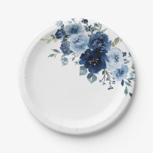 Dusty Blue Rose Navy Floral Elegant Wedding Paper Plates