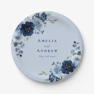 Dusty Blue Rose Navy Floral Elegant Wedding Paper Plates