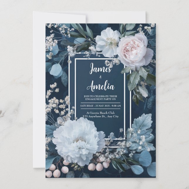 Dusty Blue Rose Peony Eucalyptus Wedding Invitation (Front)