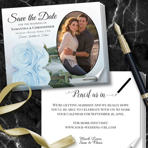 Dusty Blue Rose Photo BUDGET Wedding Save The Date Flyer