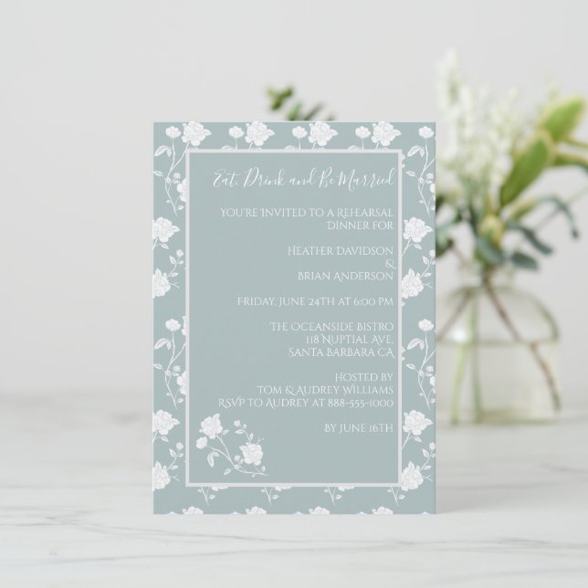 Dusty Blue Rose Rehearsal Dinner Invitation (Standing Front)