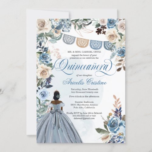 Dusty Blue Rose Rustic Country Quinceaera Invitation