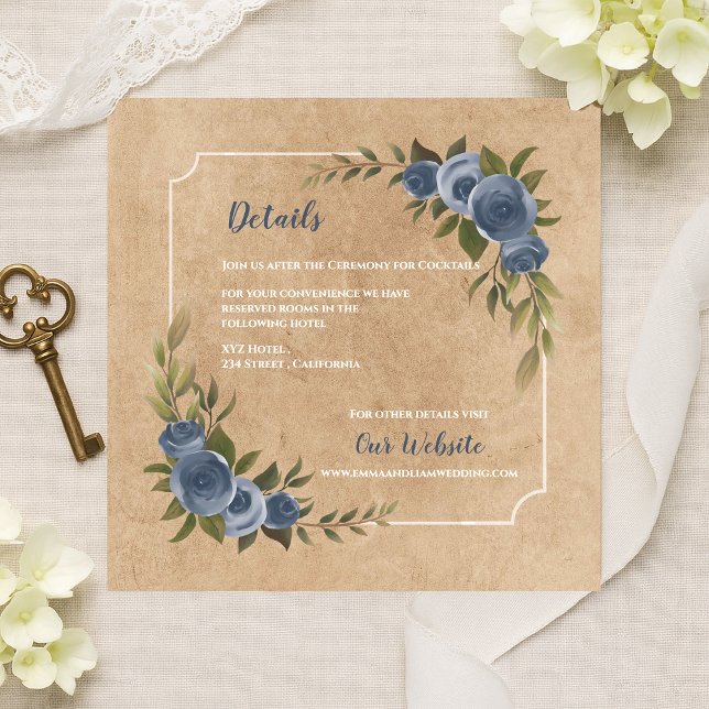 Dusty Blue Rose Rustic Kraft Wedding Details Enclosure Card (Dusty Blue Rose Rustic Kraft Wedding Details Enclosure Card)