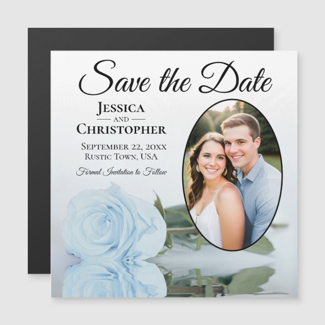 Dusty Blue Rose Save The Date Oval Photo Magnet (Front/Back)