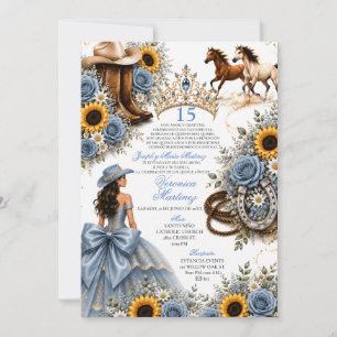 Dusty Blue Rose Sunflower Vaquera Quinceañera Invi Invitation