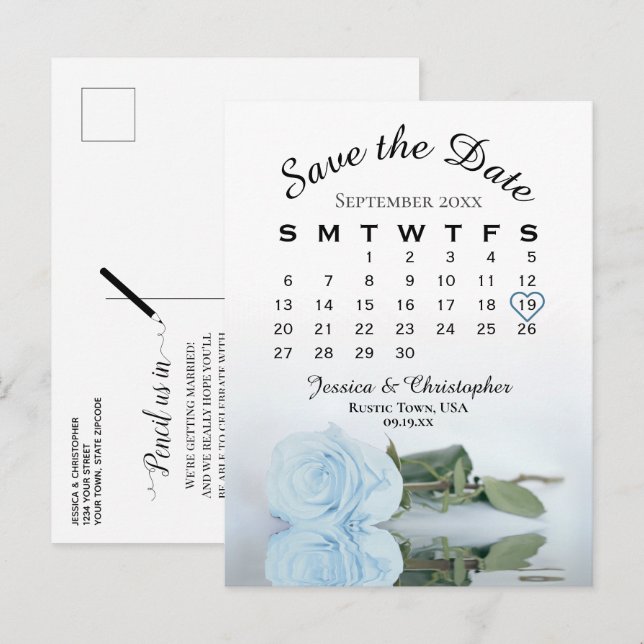 Dusty Blue Rose Wedding Calendar Save the Date Announcement Postcard (Front/Back)