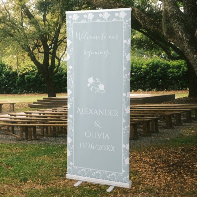 Dusty Blue Rose Wedding Retractable Banner (Dusty Blue Rose Wedding Welcome Banner)