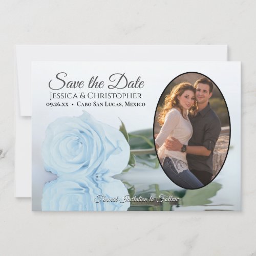 Dusty Blue Rose with Oval Photo Romantic Wedding Save The Date