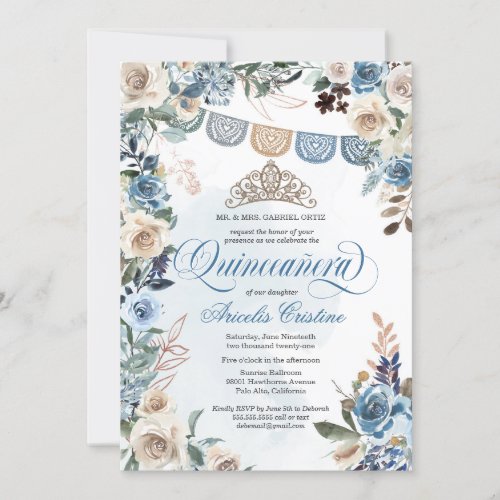 Dusty Blue Rose with Tiara Country Quinceaera Invitation
