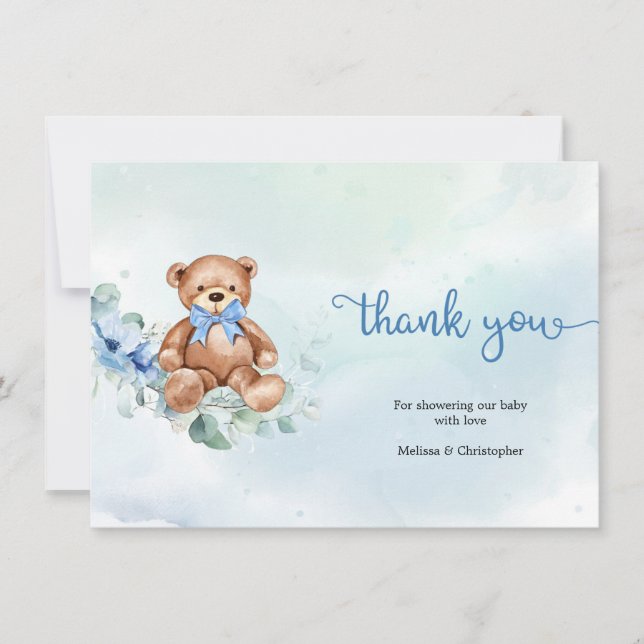 Dusty Blue Roses and Teddy Bear Boy Baby Shower Thank You Card (Front)