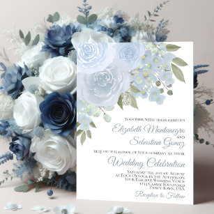 Dusty Blue Roses & Blossoms Elegant Wedding Invitation