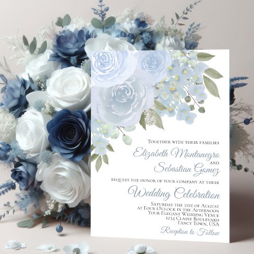 Dusty Blue Roses  Blossoms Elegant Wedding Invitation