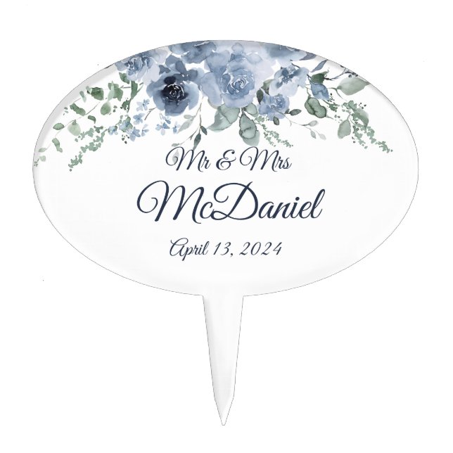 Dusty Blue Roses Bridal Shower Cake Toppers (Front)
