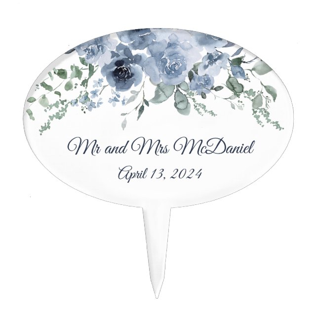 Dusty Blue Roses Bridal Shower Cake Toppers (Front)