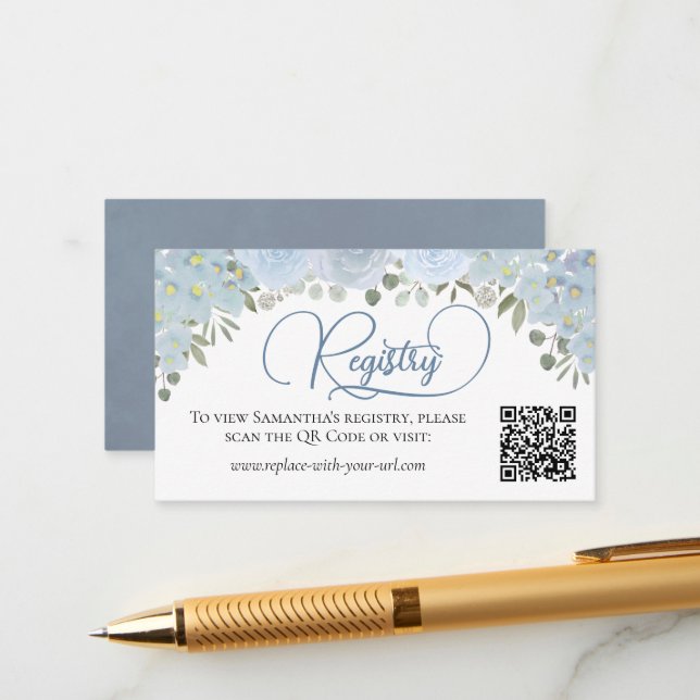 Dusty Blue Roses Bridal Shower Registry QR Code Enclosure Card (Front/Back In Situ)
