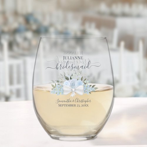 Dusty Blue Roses Bridesmaid Maid of Honor Gift Stemless Wine Glass