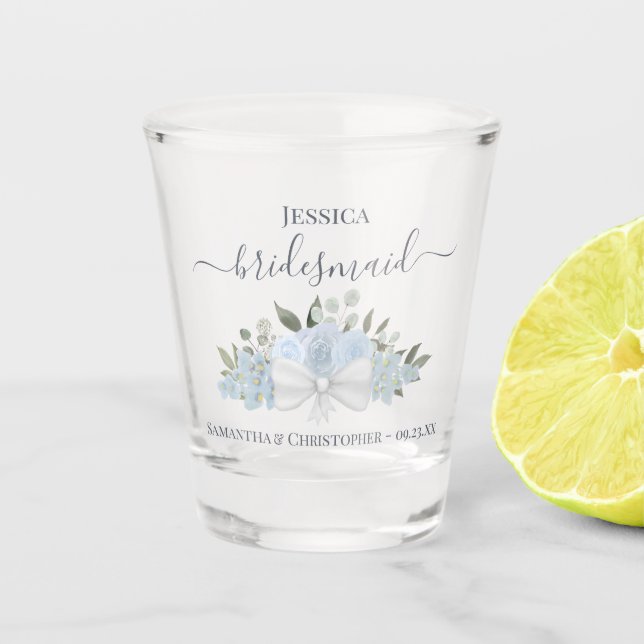 Dusty Blue Roses Elegant Bridesmaid Wedding Shot Glass (Front)