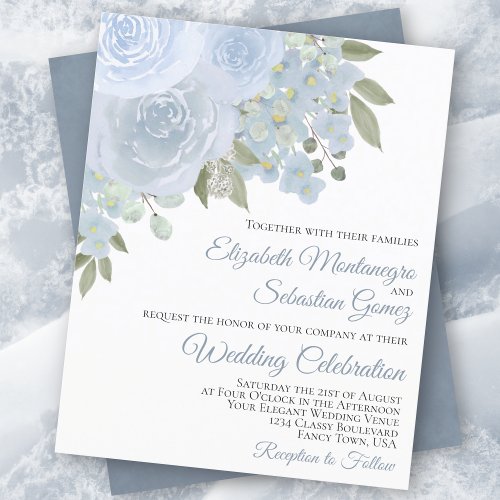 Dusty Blue Roses Elegant BUDGET Wedding Invitation