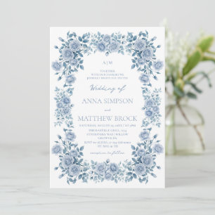Dusty Blue Roses Elegant Floral Wedding Invitation