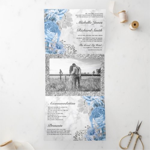 Dusty Blue Roses Floral Photo White Marble Wedding Tri_Fold Invitation