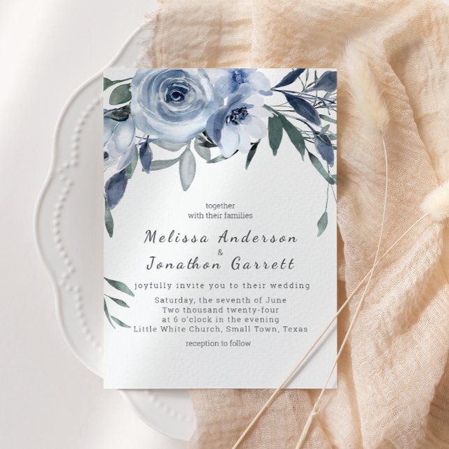 Dusty Blue Roses Flowers Boho Wedding Invitation (Creator Uploaded)
