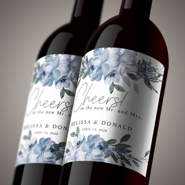 Dusty Blue Roses Flowers Boho Wedding Wine Label (Creator Uploaded)