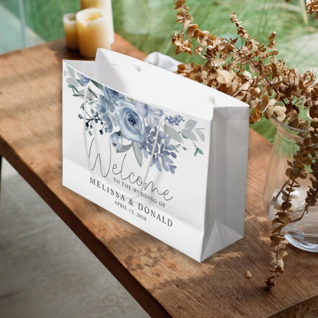 Dusty Blue Roses Flowers Boho Welcome Wedding Large Gift Bag (Creator Uploaded)