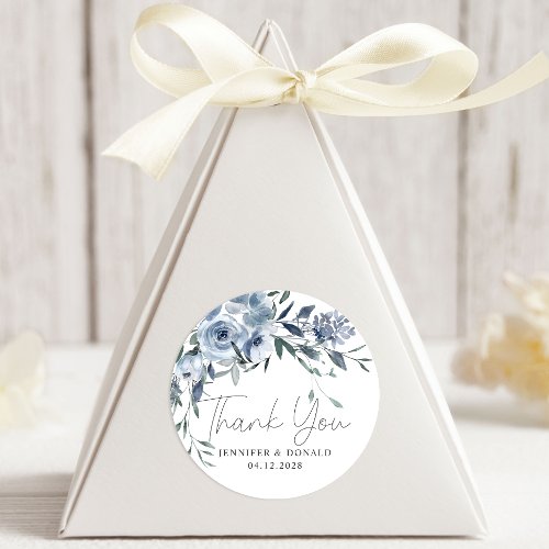 Dusty Blue Roses Flowers Script Thank You Wedding Classic Round Sticker
