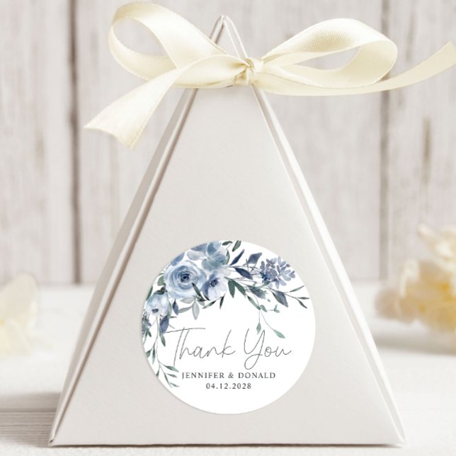 Dusty Blue Roses Flowers Script Thank You Wedding Classic Round Sticker (Creator Uploaded)