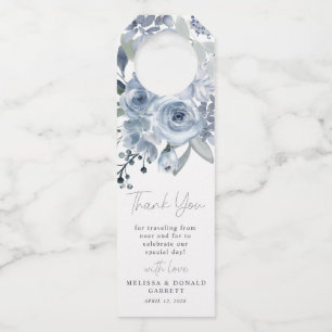Dusty Blue Roses Flowers Script Wedding Thank You Bottle Hanger Tag