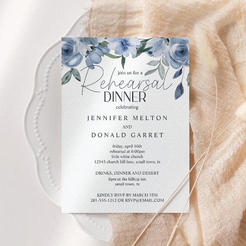 Dusty Blue Roses Flowers Wedding Rehearsal Dinner Invitation