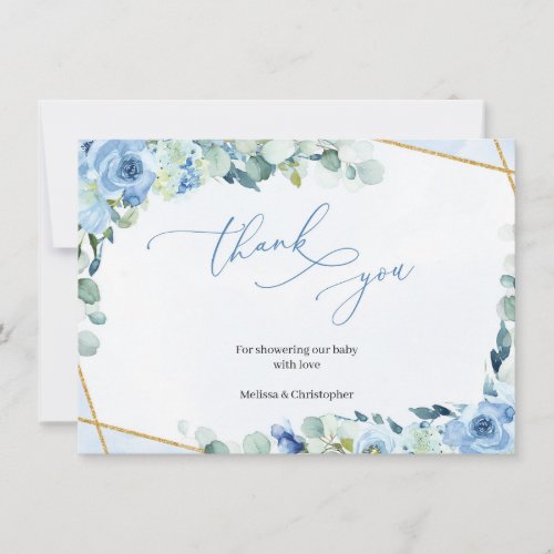 Dusty Blue Roses Gold Geometric Boy Baby Shower Thank You Card