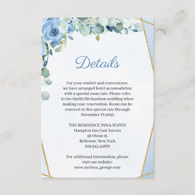 Dusty Blue Roses Gold Geometric Wedding Details Enclosure Card (Front)