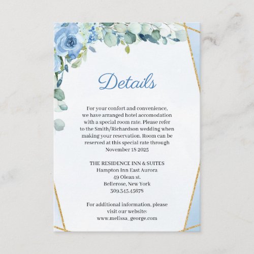 Dusty Blue Roses Gold Geometric Wedding Details Enclosure Card