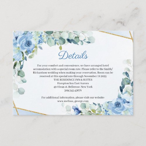 Dusty Blue Roses Gold Geometric Wedding Details Enclosure Card
