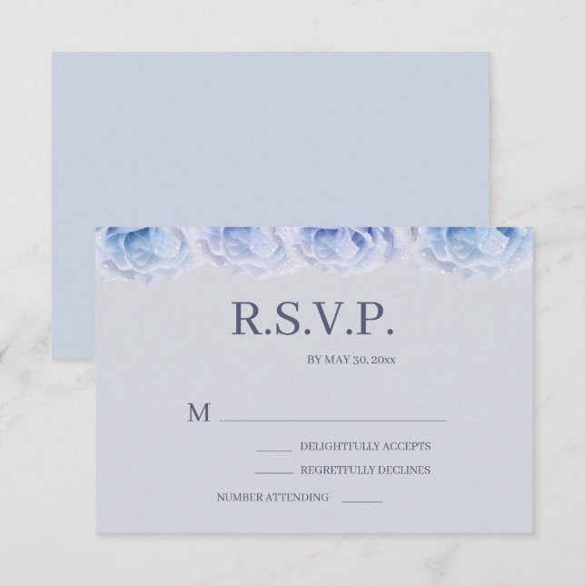 Dusty Blue Roses Gray Elegant Floral Wedding RSVP Invitation (Front/Back)