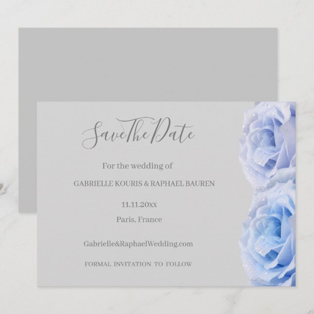 Dusty Blue Roses Gray Floral Save The Date Wedding Invitation (Front/Back)