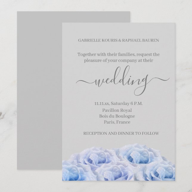 Dusty Blue Roses Light Gray Elegant Floral Wedding Invitation (Front/Back)
