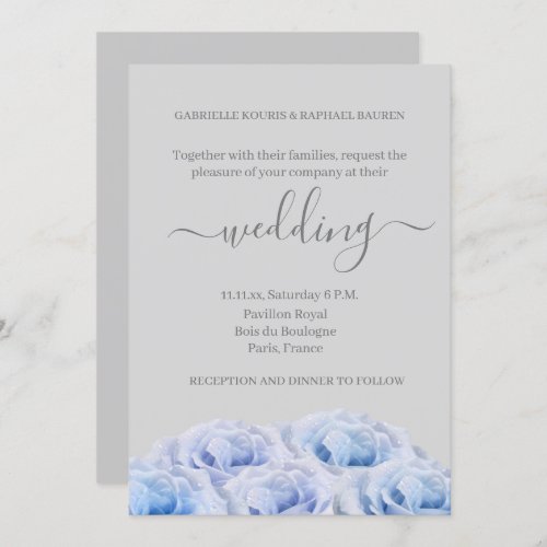Dusty Blue Roses Light Gray Elegant Floral Wedding Invitation