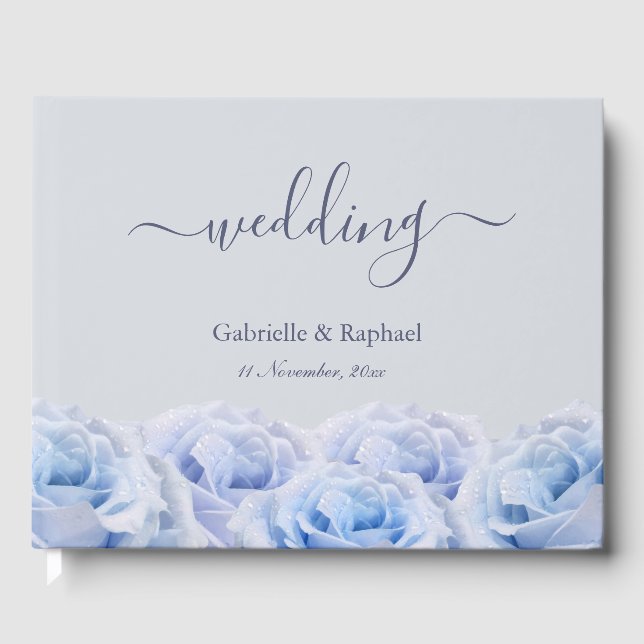 Dusty Blue Roses Light Gray Elegant Wedding Guest Guest Book (Front)