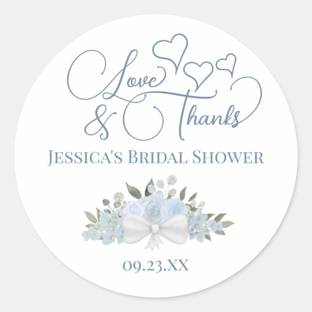 Dusty Blue Roses Love & Thanks Bridal Shower Classic Round Sticker (Front)
